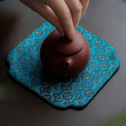 中式织锦仿丝轻奢禅意茶壶垫布宫廷风茶室祥云壶承摆件布艺隔热垫