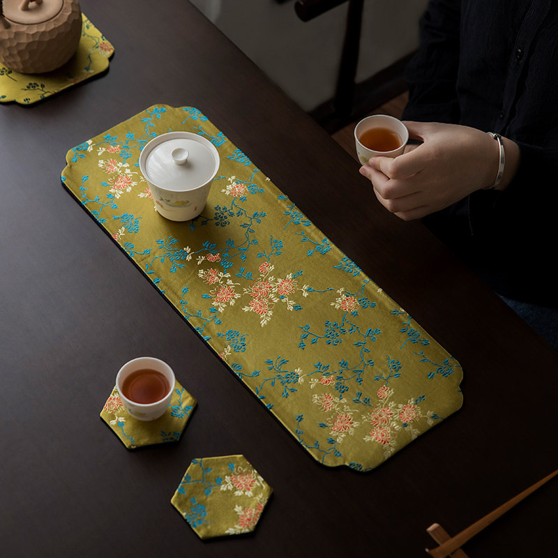 中式田园风万寿藤花纹禅意桌布小茶席牡丹茶垫高档茶道壶承杯托垫