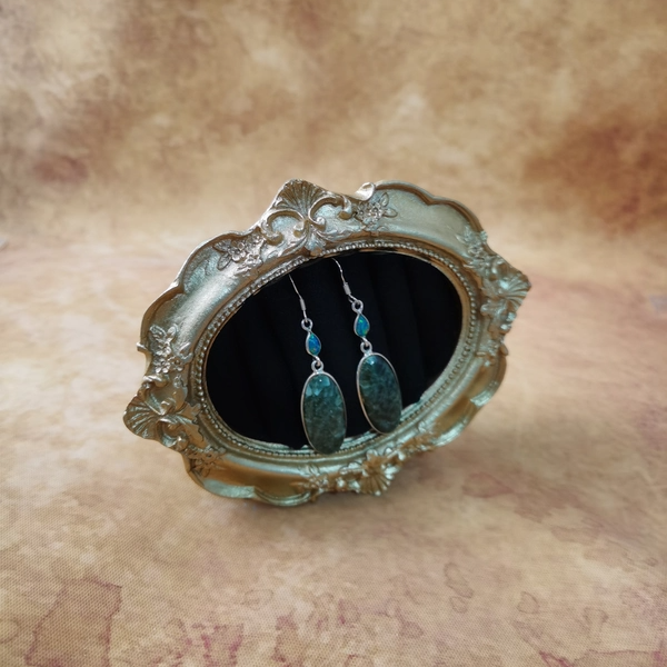 Vintage中古欧洲回流925银绿龙晶欧泊耳环