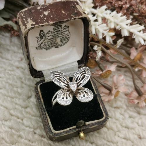 Vintage中古欧洲回流925银锆石蝴蝶戒指25号