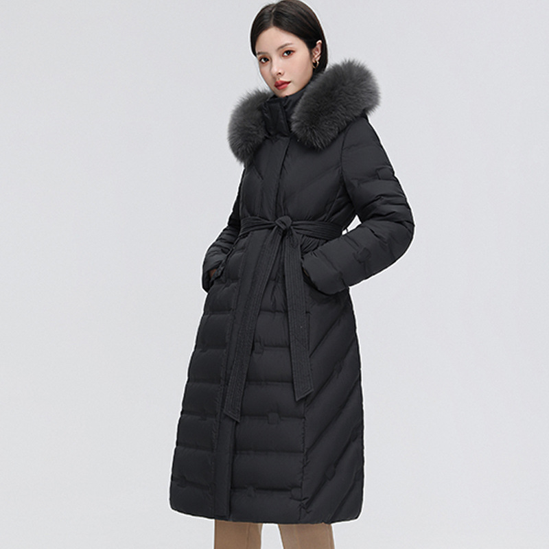 雪中飞女士过膝长款腰带羽绒服气质修身大毛领冬季新款羽绒衣外套