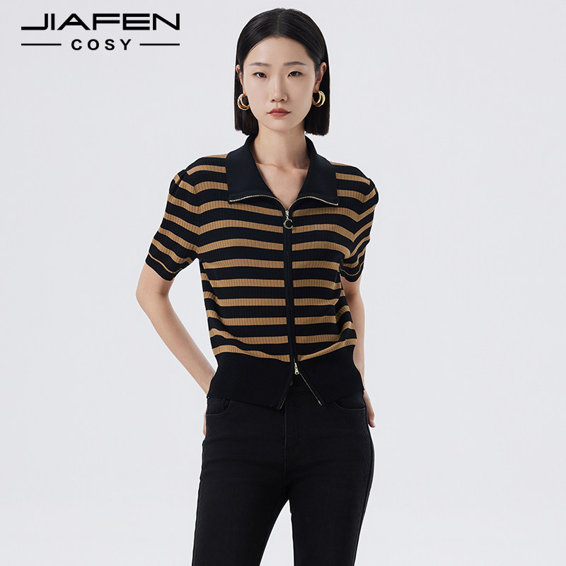 佳纷2026春夏新品时尚百搭拉链式条纹针织衫短袖百搭T恤上衣女图片