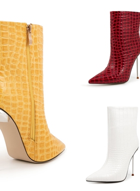 时尚金属跟尖头大码女靴外贸新款欧美风12CM细跟超高跟SM短靴