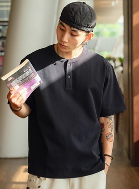 PrintsCrew轻量220克弹性华夫格亨利领T恤短袖T恤纯色圆领宽松男