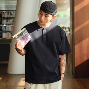 PrintsCrew轻量220克弹性华夫格亨利领T恤短袖T恤纯色圆领宽松男