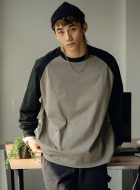 PrintsCrew 320克小领口重磅长袖T恤拼接插肩袖纯棉宽松大码上衣