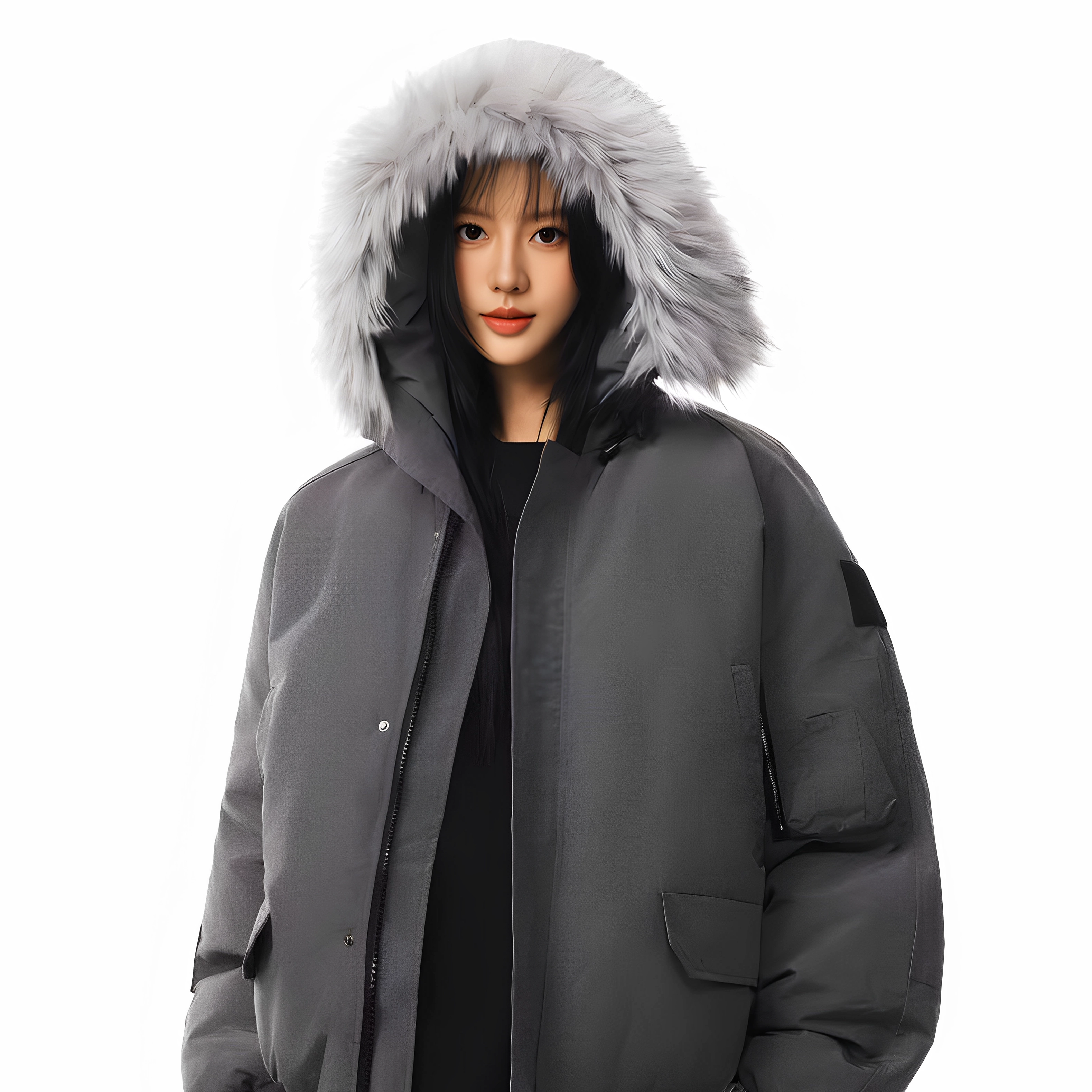 毛领冬季保暖灰色加厚棉服