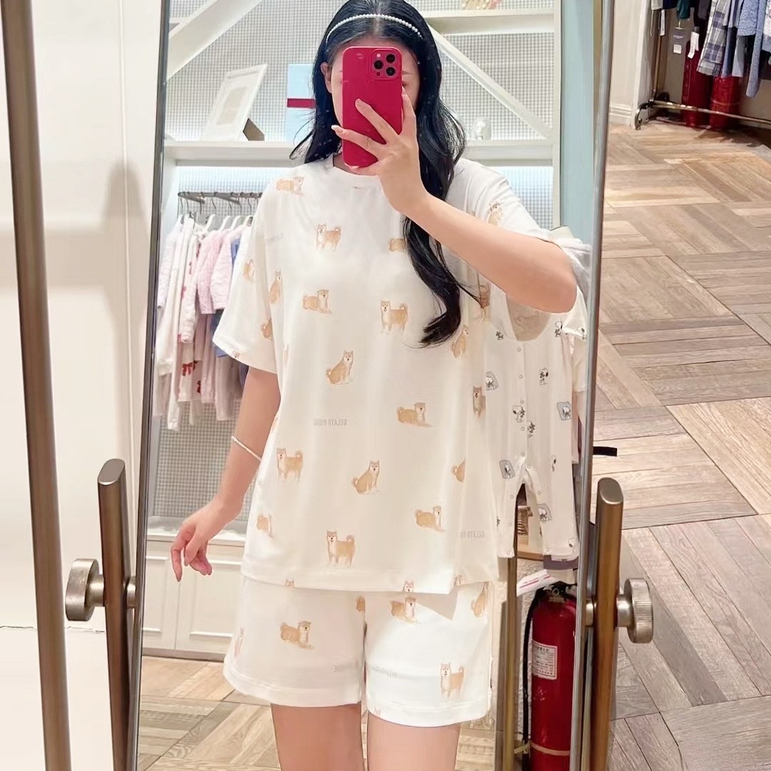 夏季新款卡通柴犬印花圆领短袖短裤家居服女睡衣套装可外穿