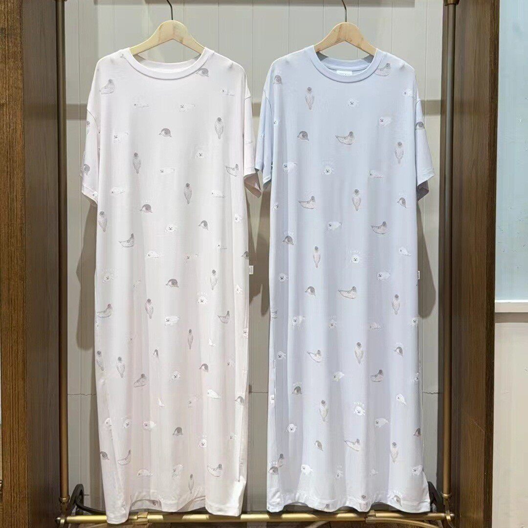2025夏季新款冰淇淋莫代尔印花柔软圆领海豹可爱女睡裙家居长裙