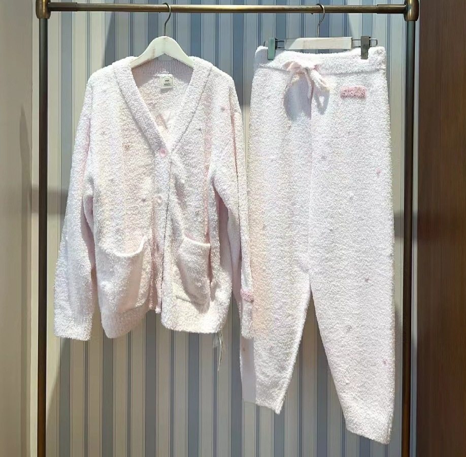 软绵绵冰淇淋新彩色点点开衫保暖长袖女士睡衣 家居服套装