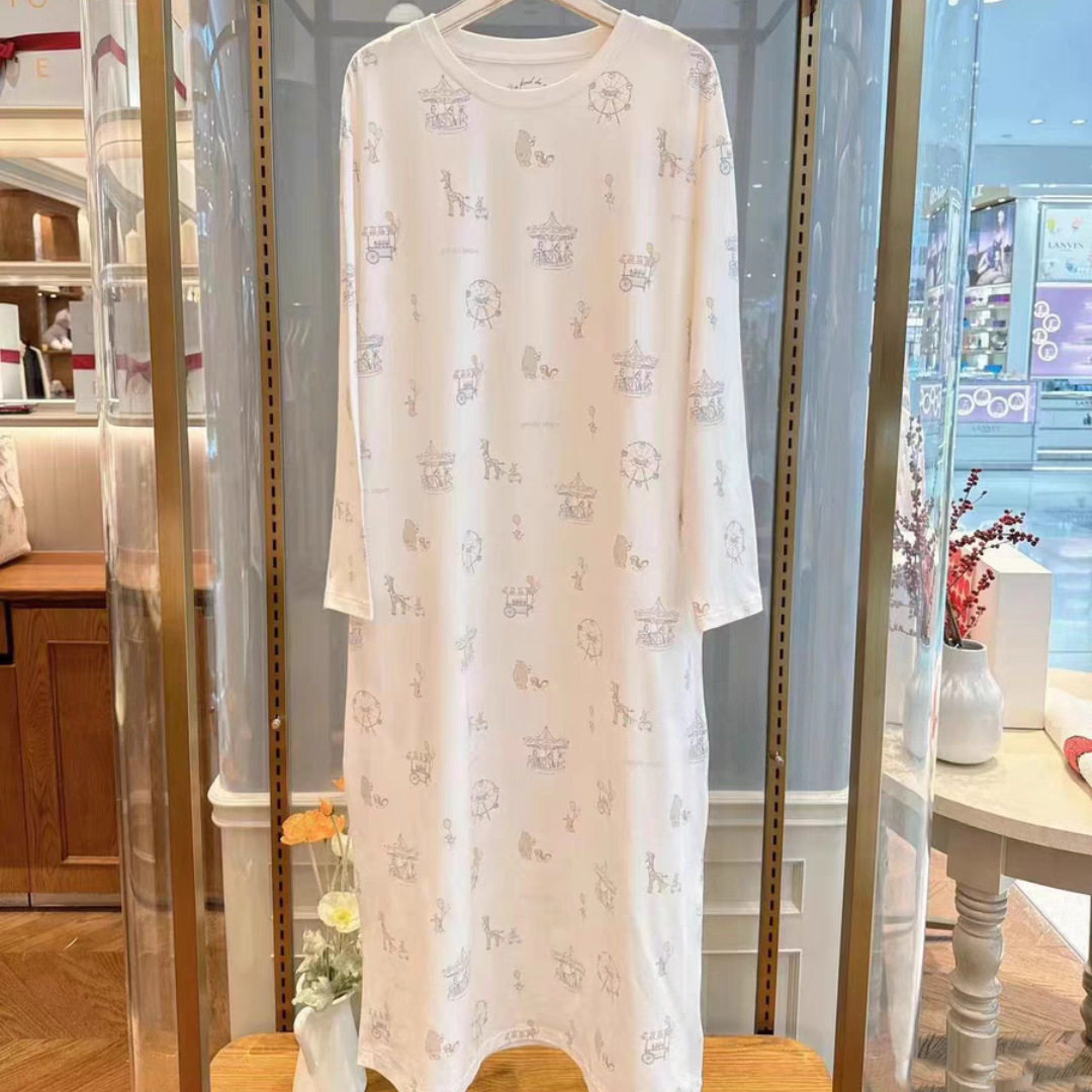 软绵绵冰淇淋可爱游乐园卡通印花圆领长袖女家居服连衣裙
