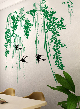 可移墙壁粘贴画卧室客厅电视背景墙贴纸春天柳树绿色植物stickers