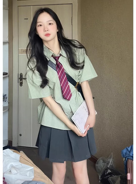 一整套ootd穿搭绿色jk制服百褶短裙2026超火两件式洋装装女夏季
