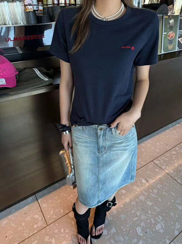 速裁琪年25秋冬新款女装 韩版修身显瘦加厚弹力刺绣短袖T恤A