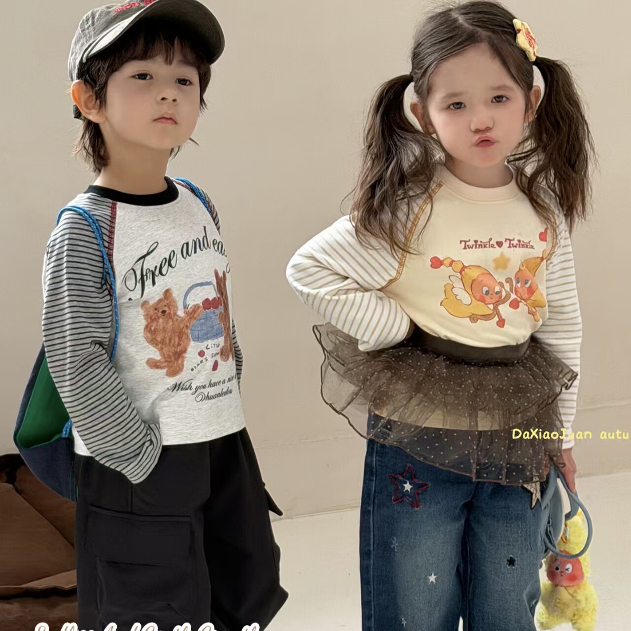儿童打底衫2026秋季新款男孩女孩卡通圆领条纹长袖T恤休闲上衣潮