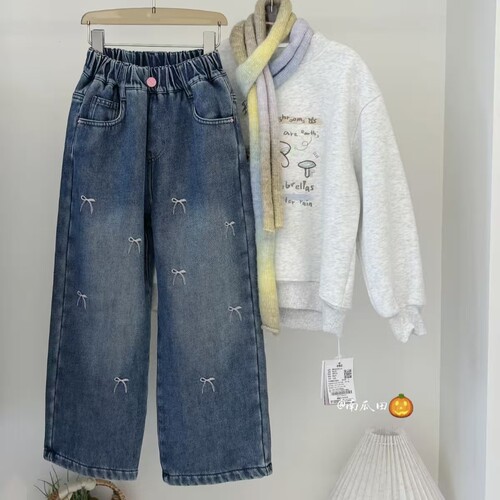 女童牛仔裤2026秋冬季新款女孩洋气加绒加厚休闲直筒裤130-160