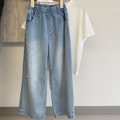 品牌女童牛仔裤2026春夏季女孩洋气直筒莱赛尔牛仔休闲裤120-160