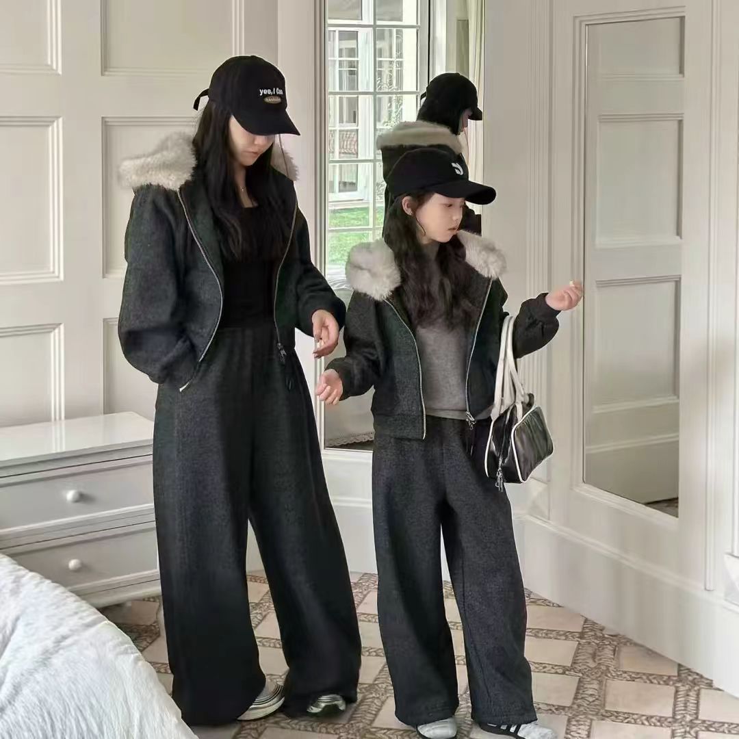 女童加绒套装2026冬季新款女孩洋气连帽卫衣直筒裤两件套120-180