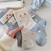 秋冬袜子女 日系卡通小狗刺绣中筒袜 ins潮可爱翻边女士棉袜长袜