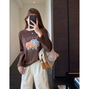 AMR UU◆萌趣减龄 慵懒显瘦大象刺绣字母长袖T恤女打底衫早秋新款