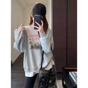 休闲oversize慵懒风宽松显瘦印花套头卫衣女秋冬新款 美式 AMR