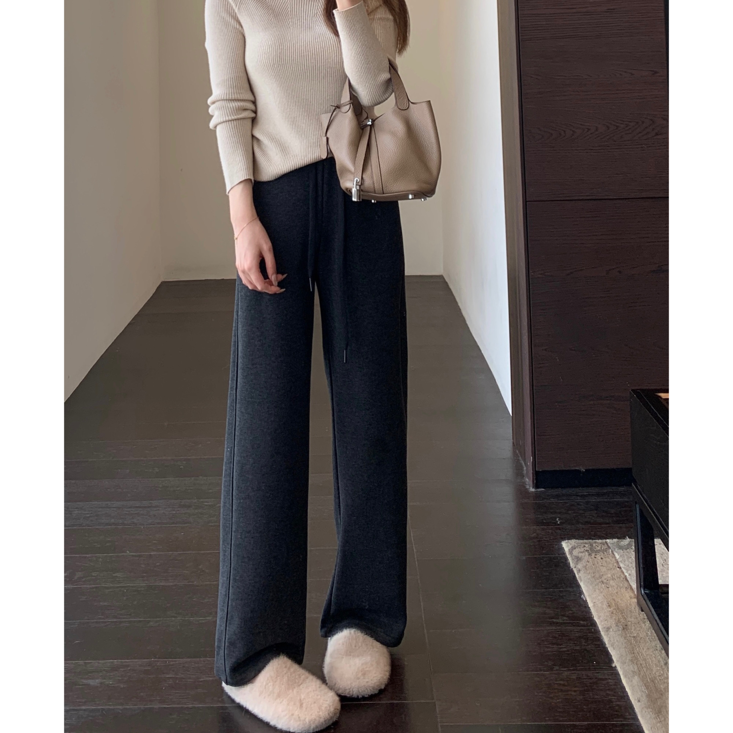 AMR UU◆重磅牦牛绒混纺加绒加厚高腰直筒窄版阔腿裤女2025新款冬