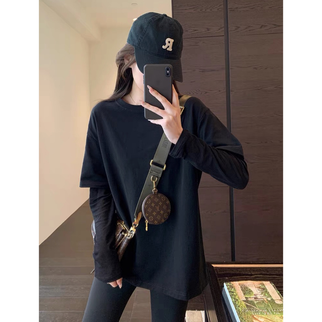 AMR UU◆美式休闲 假两件设计慵懒宽松长袖防晒衫纯色T恤女春夏