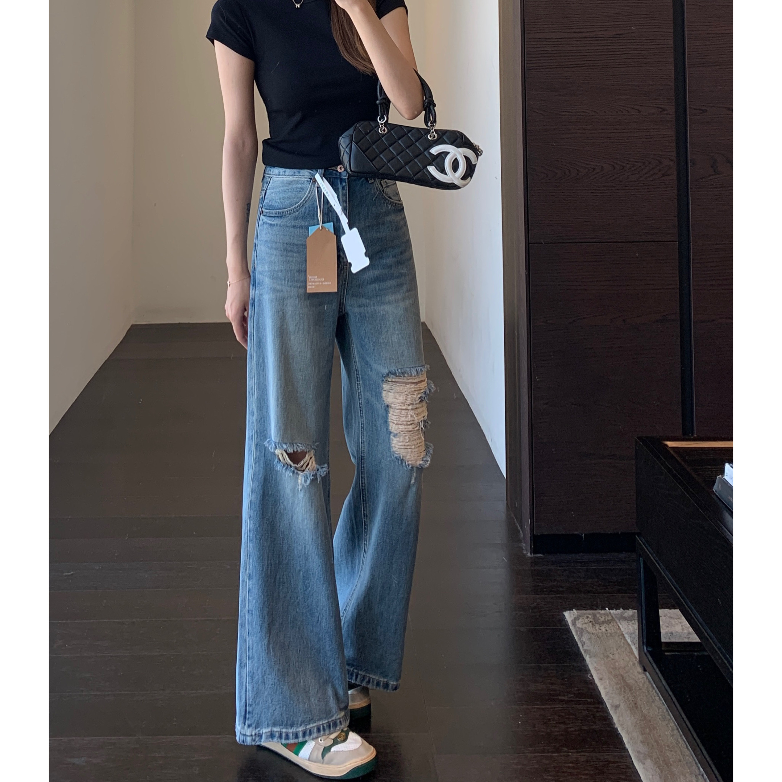 AMR UU◆时髦破洞裤 高腰宽松显瘦直筒阔腿牛仔裤女春夏2026新款