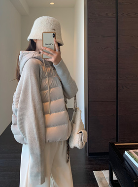 AMR UU◆小众设计 时髦针织拼接厚外套短款连帽羽绒服女秋冬新款