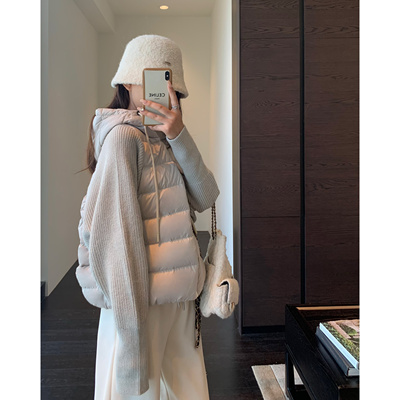 AMR UU◆小众设计 时髦针织拼接厚外套短款连帽羽绒服女秋冬新款