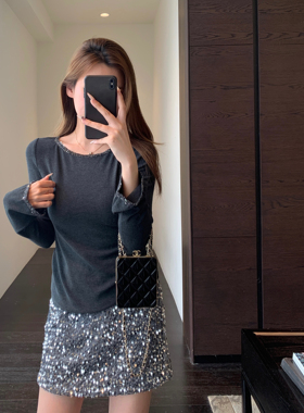 AMR UU◆温柔贵气 时髦亮片拼接显瘦长袖上衣灰色打底衫女春夏新