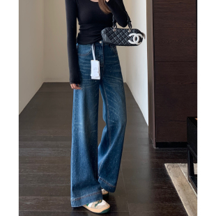 女2026春夏新款 AMR 宽松牛仔裤 重工烫钻～高腰显瘦直筒阔腿裤