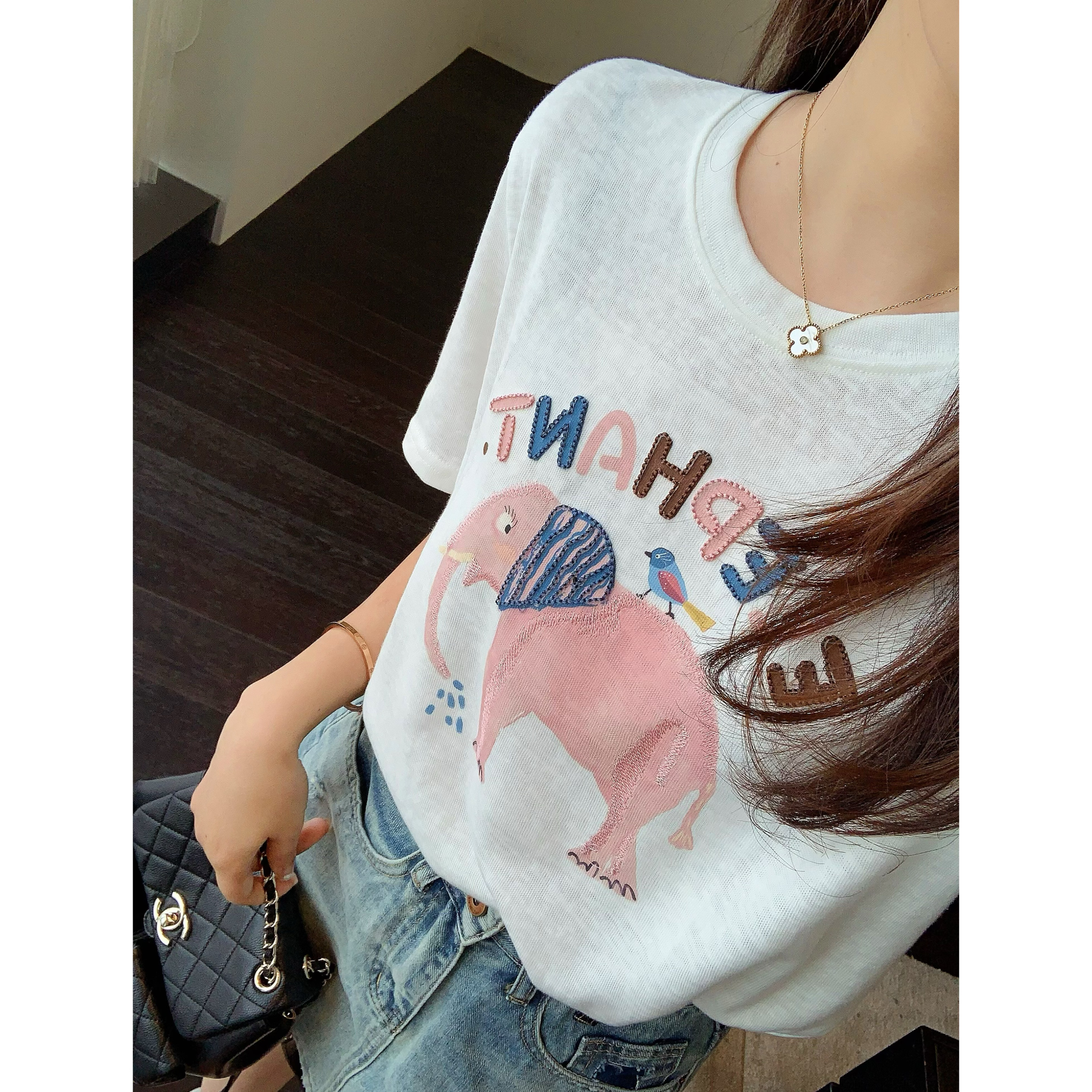 AMR UU◆韩国单 重工刺绣高品质面料减龄卡通字母短袖T恤女夏新款