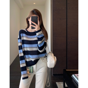 上衣女春夏2026新款 慵懒时髦 空调条纹长袖 针织防晒罩衫 AMR