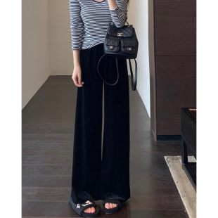 高腰宽松显瘦慵懒风黑色直筒阔腿裤 高品质丝绒裤 女2025新 AMR