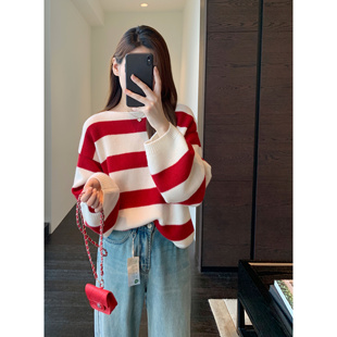 慵懒红白撞色条纹羊毛衫 时髦亮眼 宽松套头毛衣女秋冬新 AMR