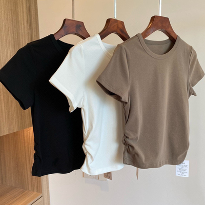 AMR UU◆小心机设计！两侧收腰显瘦小短款T恤棉修身短袖女春夏新