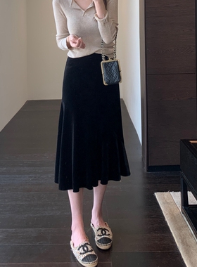 AMR UU◆好身材 氛围感高腰显瘦包臀丝绒裙鱼尾半身裙女秋冬新款
