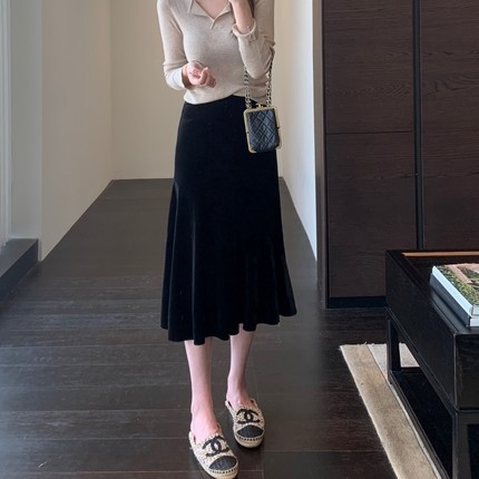 AMR UU◆好身材 氛围感高腰显瘦包臀丝绒裙鱼尾半身裙女秋冬新款