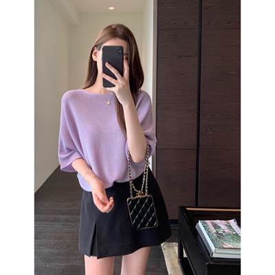 AMR UU◆颜色好美 温婉气质时髦蝙蝠袖针织短袖小衫女早秋新款