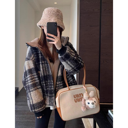 AMR UU◆复古时髦 两面穿格纹保暖厚外套连帽短款上衣女秋冬新款