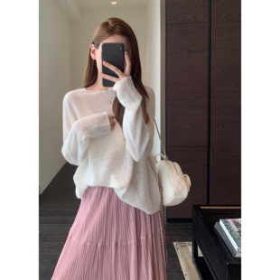 AMR UU◆温柔甜美 马海毛混纺薄款显瘦长袖针织衫上衣女毛衣秋新