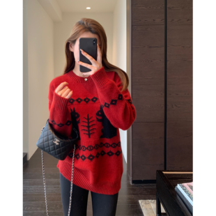 慵懒时髦宽松显瘦提花针织红色毛衣女上衣新秋冬 氛围感 AMR