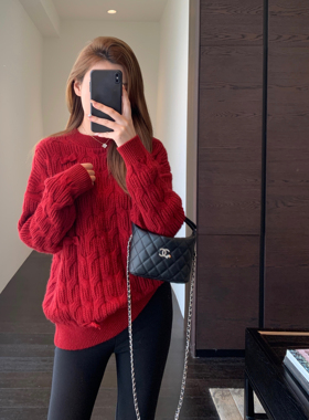 AMR UU◆氛围感 慵懒范时髦显瘦针织衫红色麻花毛衣女上衣新秋冬