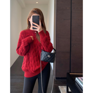 慵懒范时髦显瘦针织衫 氛围感 红色麻花毛衣女上衣新秋冬 AMR