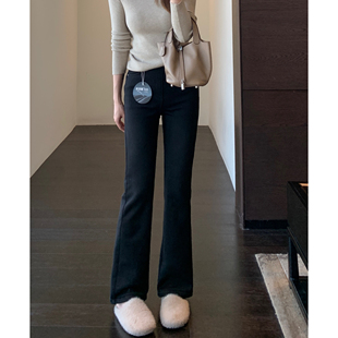 冬季 显腿长 女2025新款 加绒加厚高腰微喇休闲黑色马蹄裤 AMR