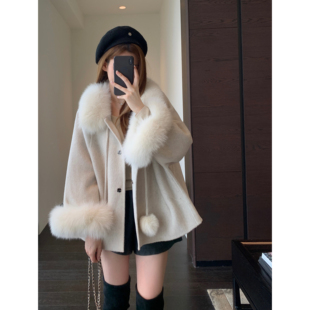 时髦洋气斗篷呢外套中长款 奢华大毛领 大衣女2025新秋冬 AMR