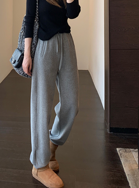 AMR UU◆加绒加厚高腰显瘦灰色束脚卫裤直筒休闲裤女2025新款秋冬