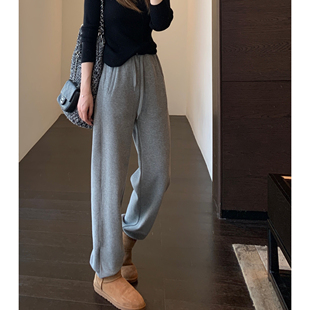 女2025新款 AMR 直筒休闲裤 加绒加厚高腰显瘦灰色束脚卫裤 秋冬