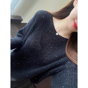 bling暗闪亮片黑色套头毛衣显瘦上衣女秋冬新款 小众设计 AMR
